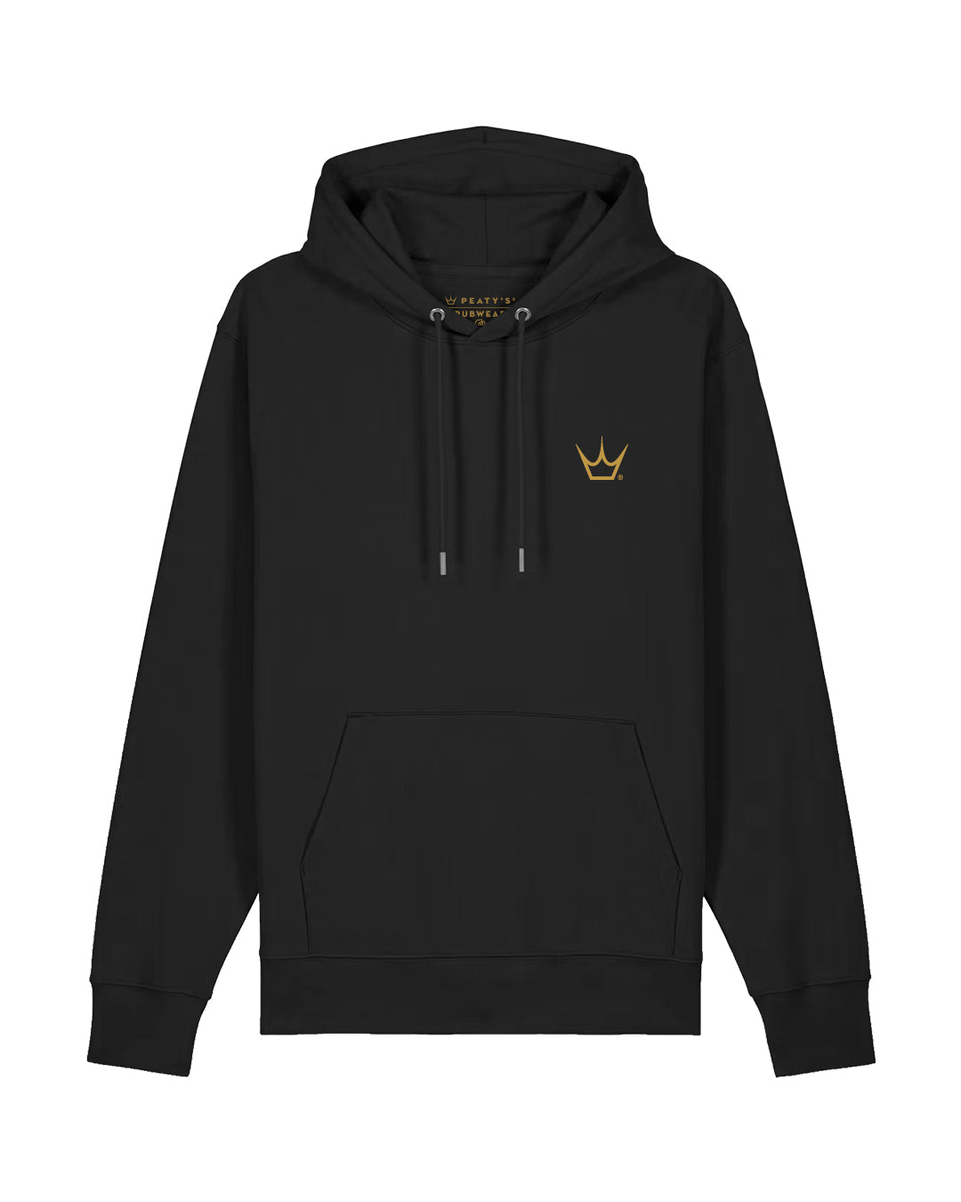 Black Peaty's Thirsty Work Hoodie, front studio view showing chest crown branding and hood