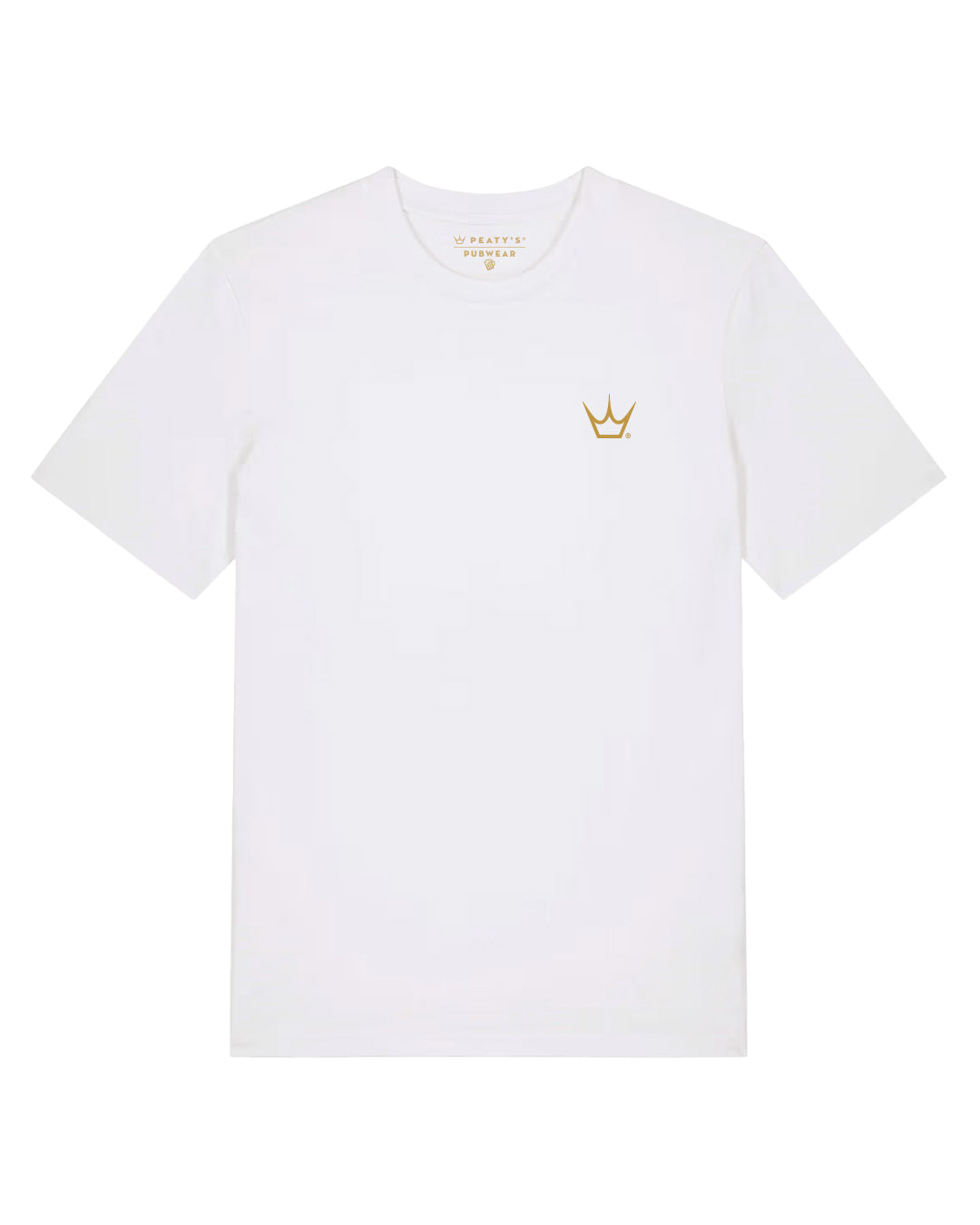 White Peaty's Thirsty Work T-shirt, front studio view with small crown chest branding
