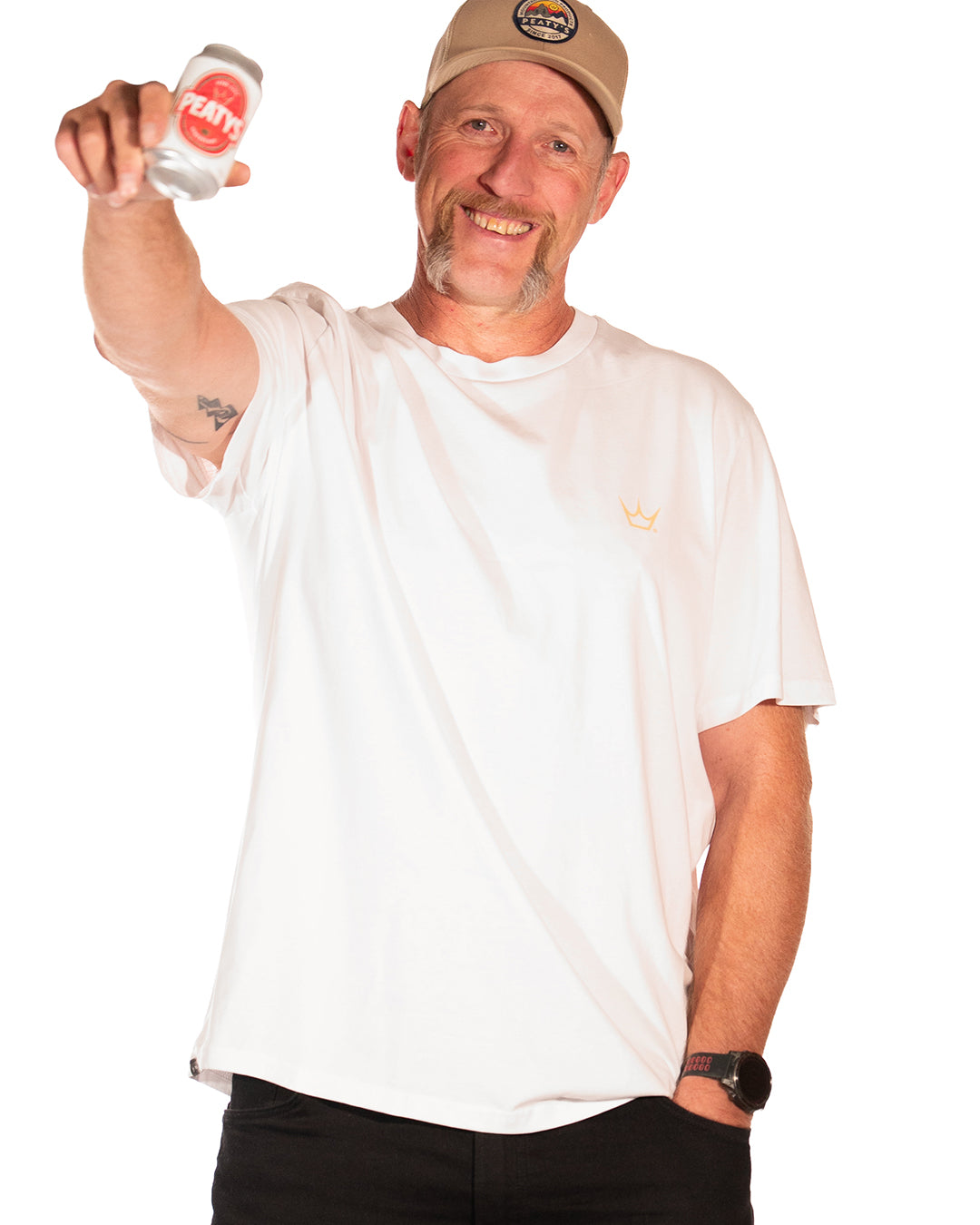 Steve modelling the white Peaty's Thirsty Work T-shirt, front view with small crown branding