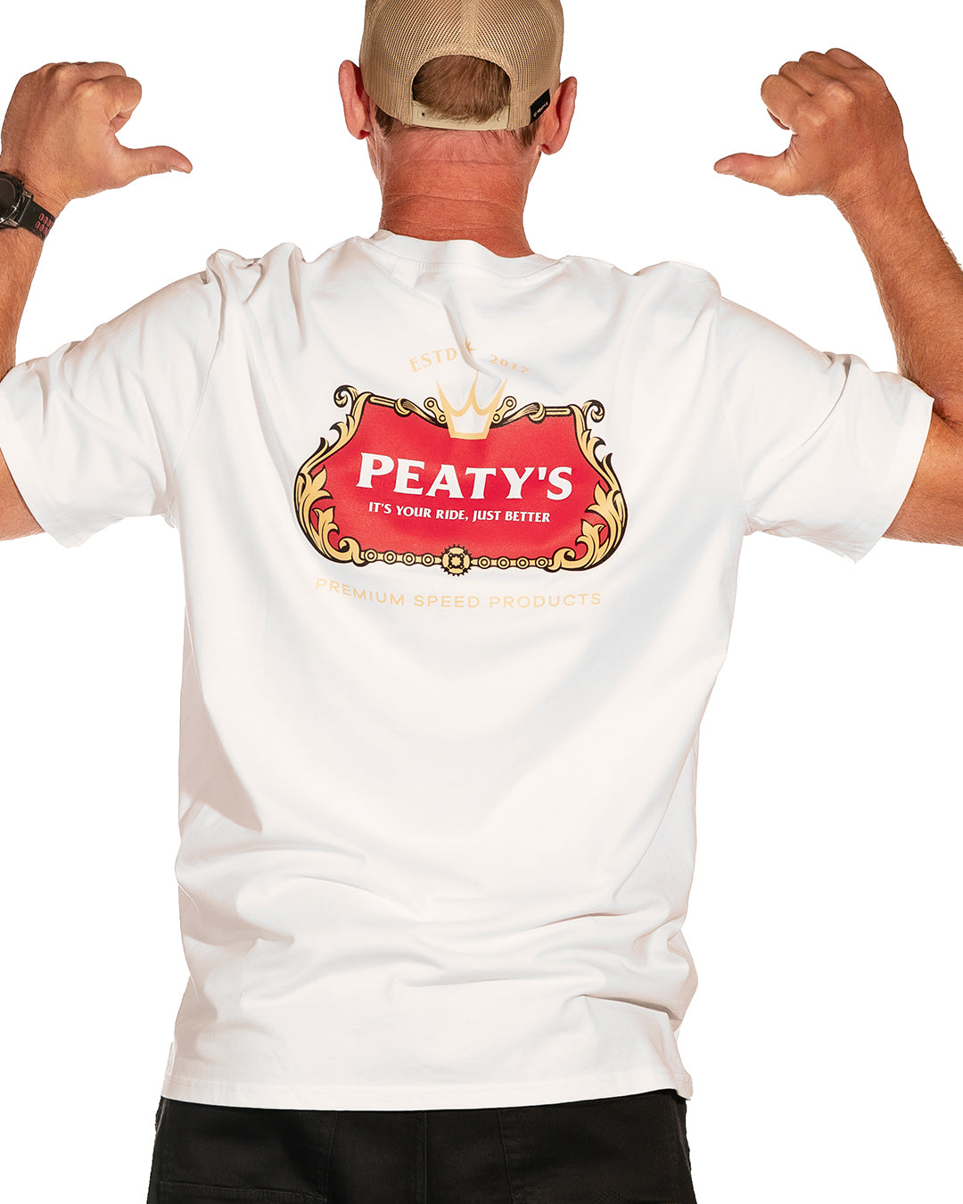 Steve modelling the white Peaty's Thirsty Work T-shirt, rear view showing the printed artwork
