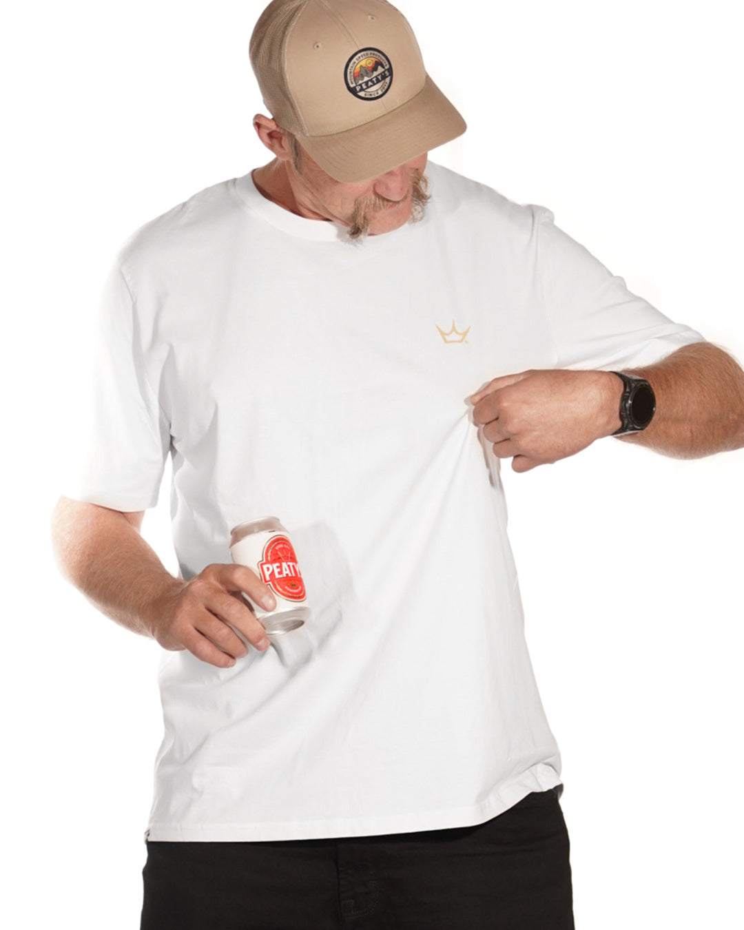 Steve wearing the white Peaty's Thirsty Work T-shirt, lifestyle photograph