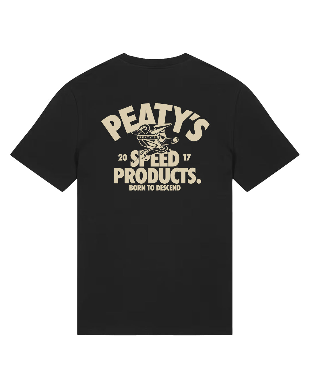 Peaty's Descend T-shirt in Black, rear view showing the cream Peaty's Speed Products back print
