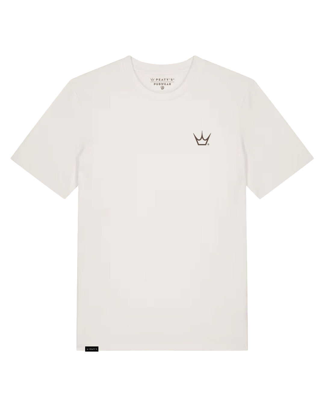 Peaty's Descend T-shirt in Vintage White, front view with Peaty's crown chest graphic