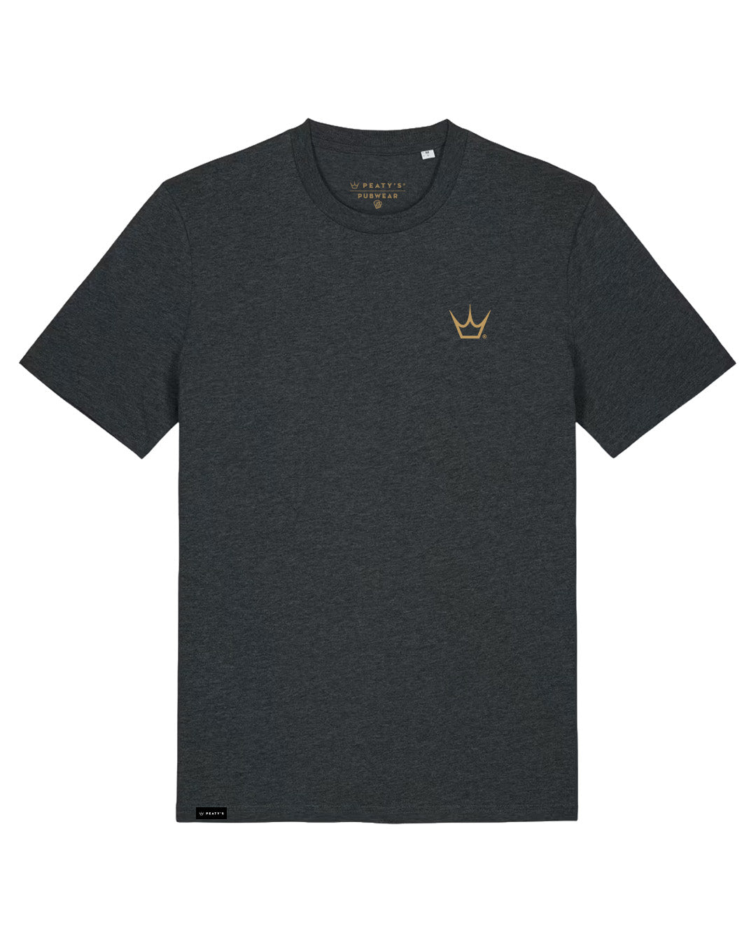 Dark Heather Grey Peaty's Dusk to Dawn T-shirt, front studio view with small gold crown chest graphic