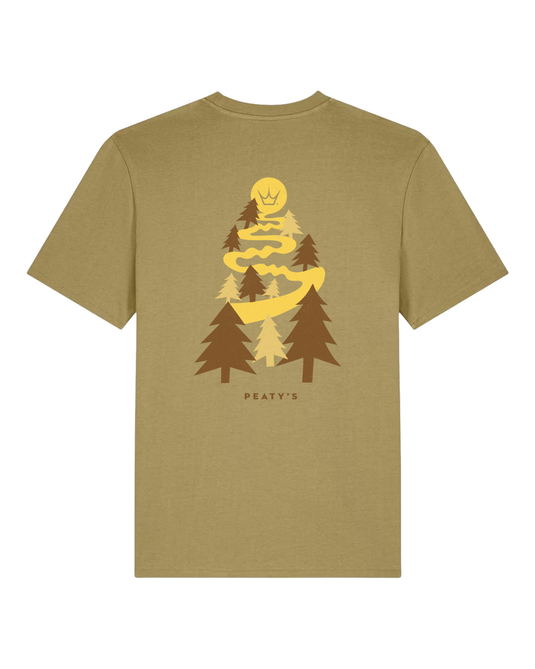 Olive Peaty's Dusk to Dawn T-shirt, back studio view showing the illustrated woodland riding graphic