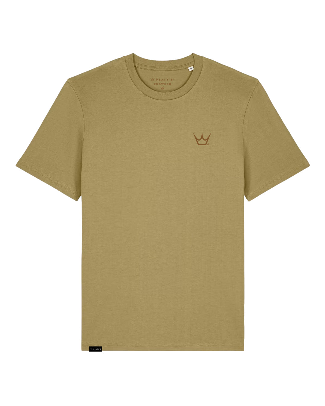 Olive Peaty's Dusk to Dawn T-shirt, front studio view with small crown chest graphic