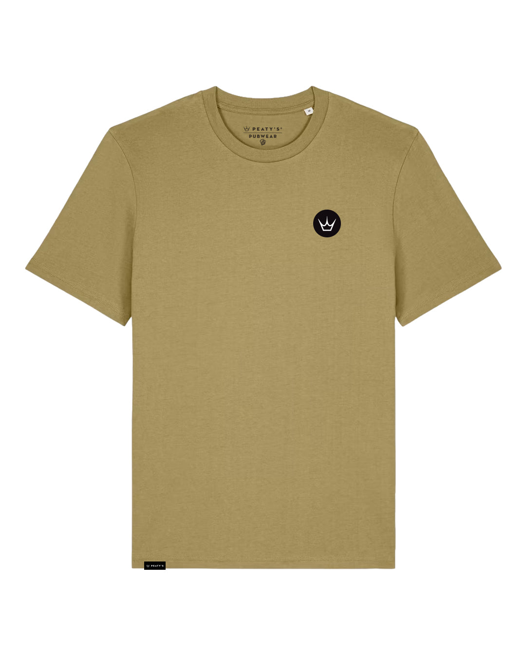 Peaty's Embroidered Crown T-shirt in Olive, front studio view with embroidered crown emblem