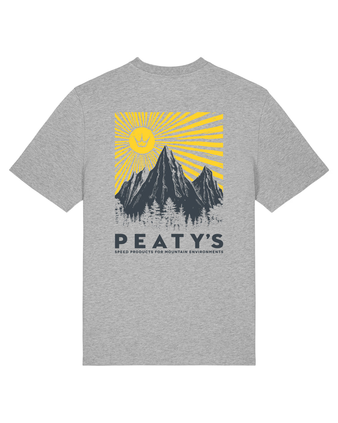 Peaty's Mountain T-shirt in Heather Grey, rear studio view showing yellow sun and mountain back graphic