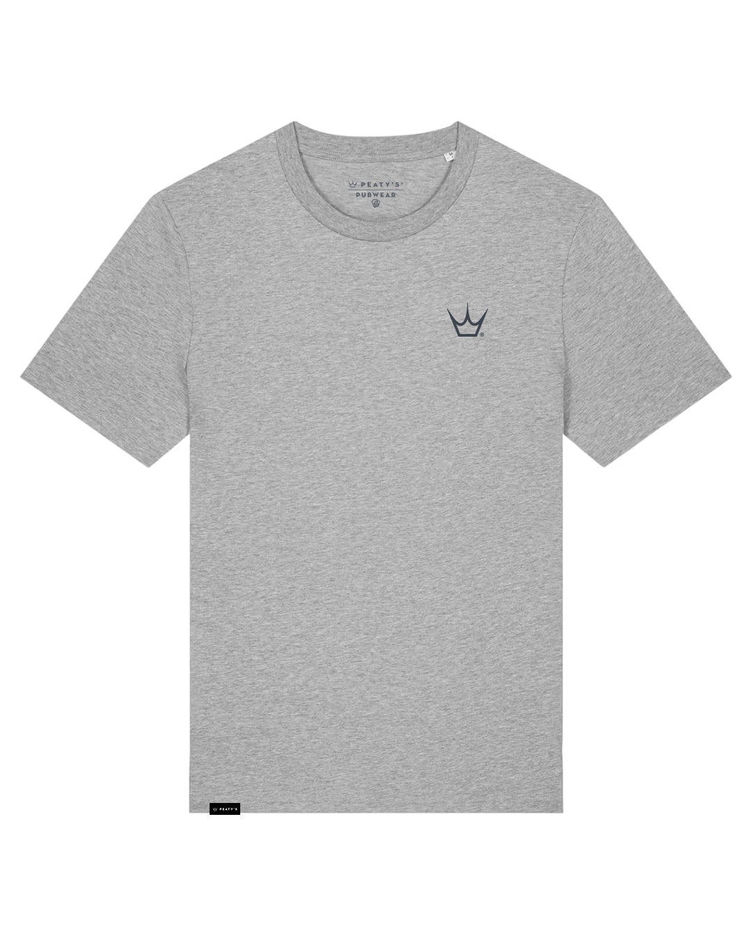 Peaty's Mountain T-shirt in Heather Grey, front view with small crown chest graphic