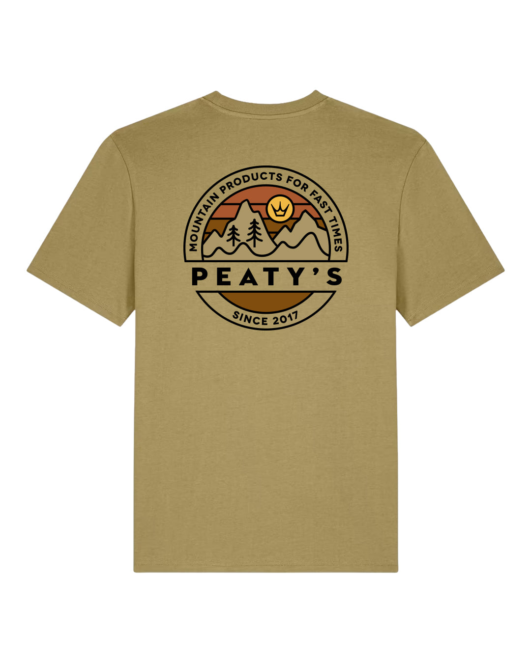 Peaty's Playground T-shirt in Faded Olive, back view showing the mountain and forest graphic