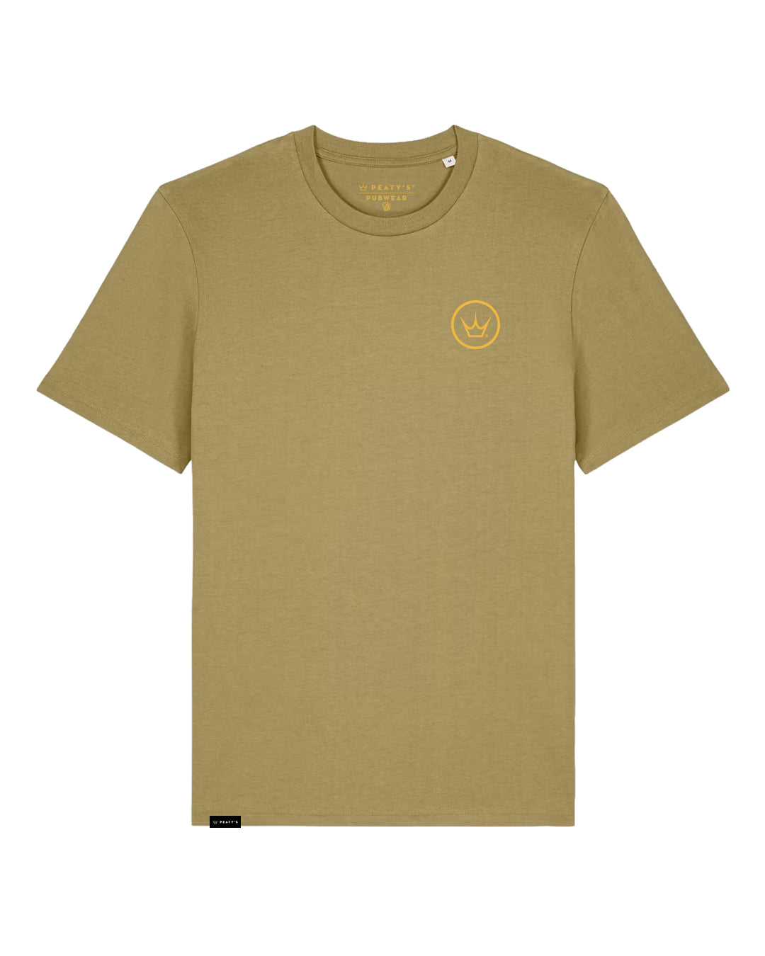 Peaty's Playground T-shirt in Faded Olive, front view with Peaty's crown chest emblem