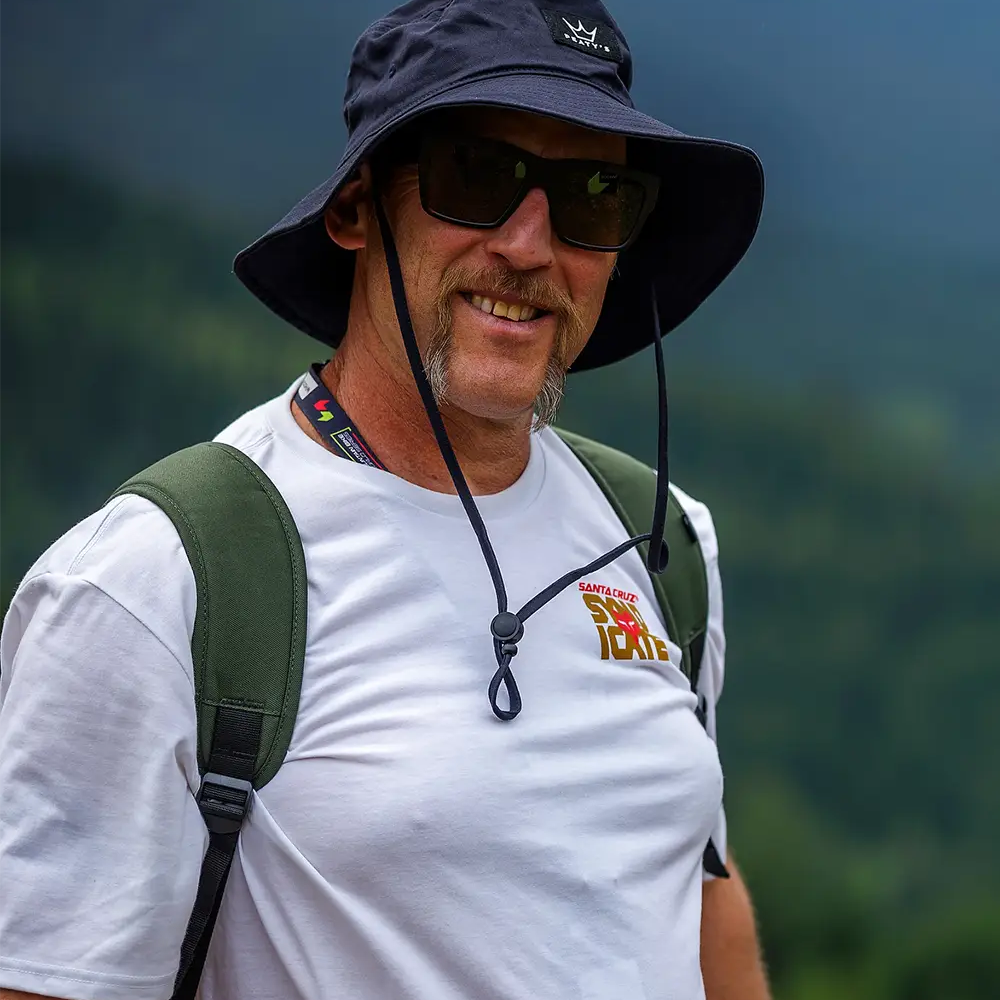 Steve Peat wearing the Peaty's boonie Sun hat in navy