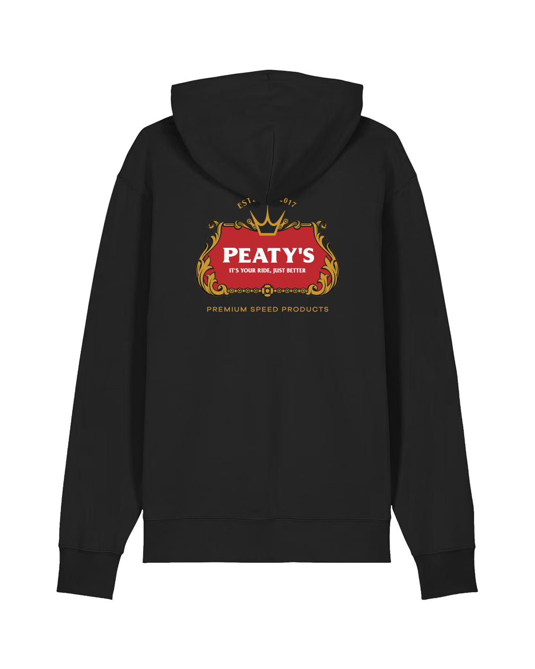 Black Peaty's Thirsty Work Hoodie, rear view showing the red and gold PubWear back print
