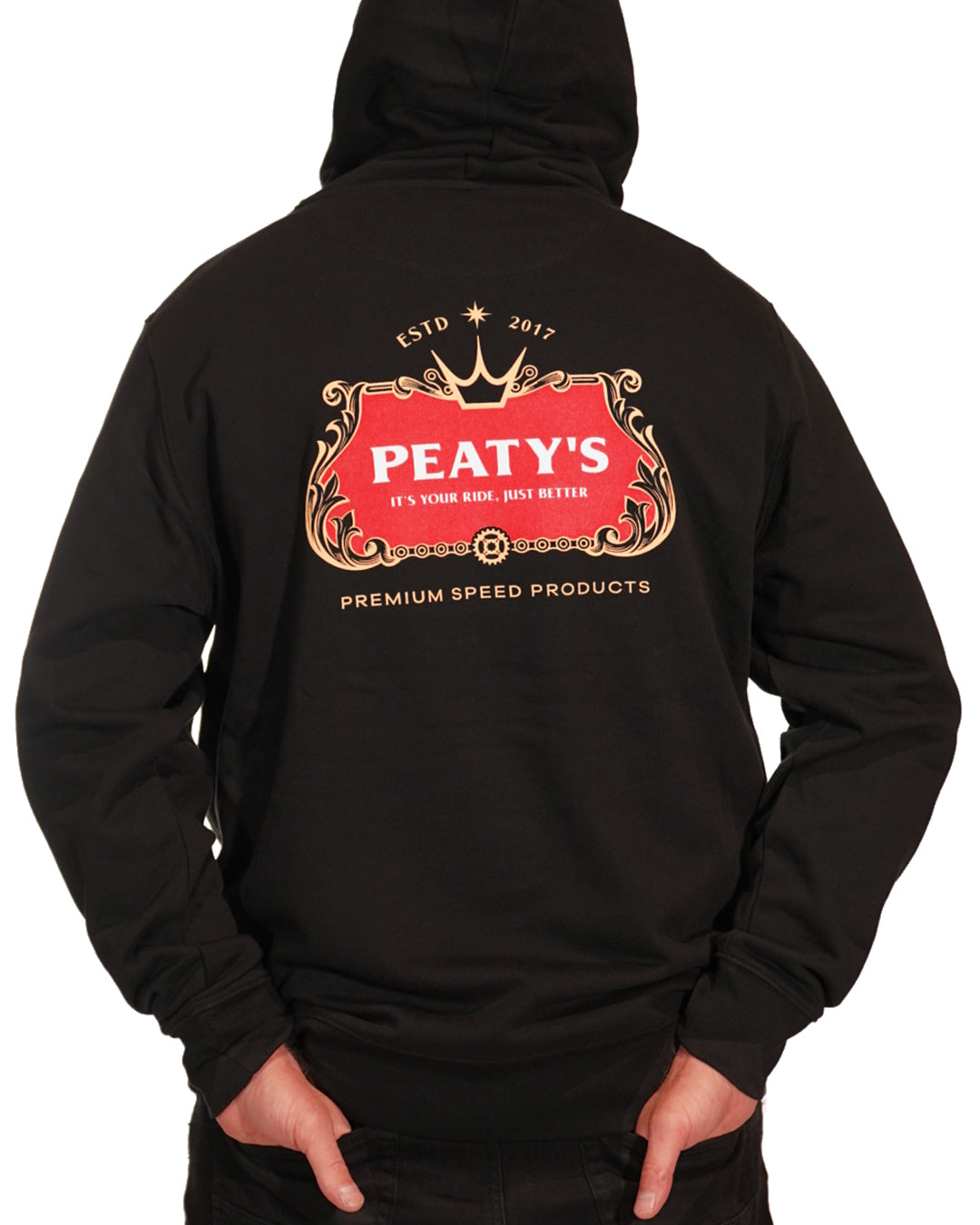 Model wearing the black Peaty's Thirsty Work Hoodie, front lifestyle photograph