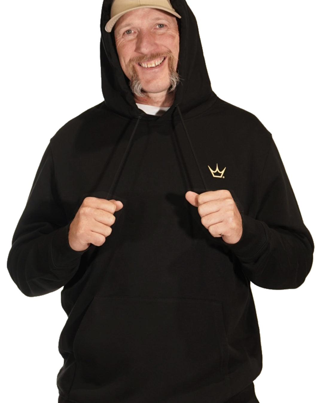 Model wearing the black Peaty's Thirsty Work Hoodie, AW26 clothing lifestyle photograph