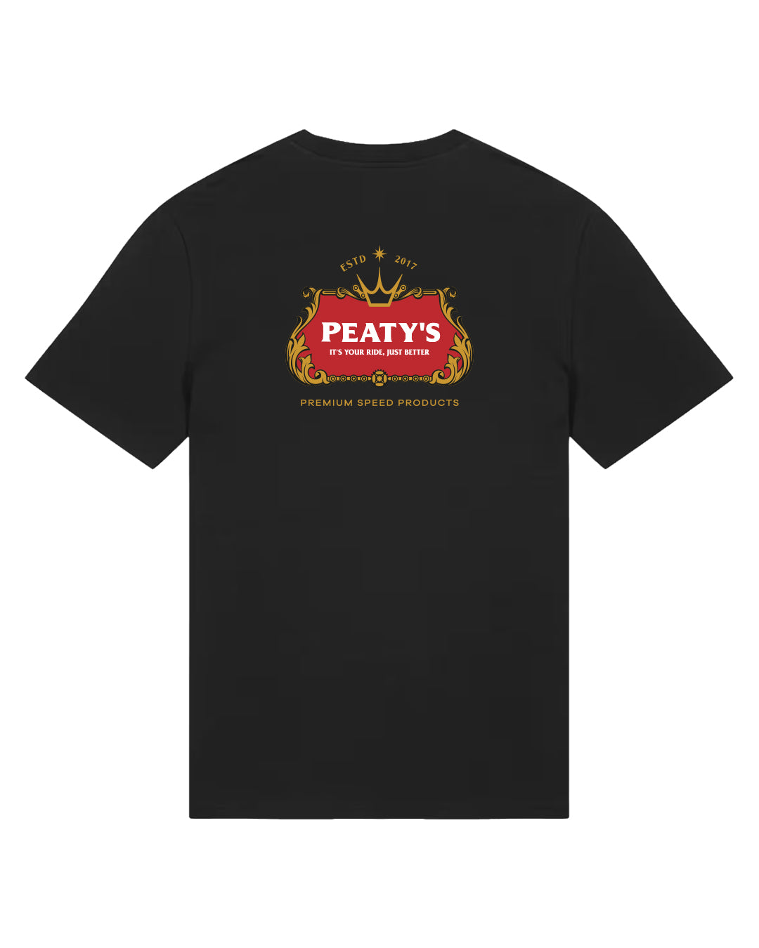 Black Peaty's Thirsty Work T-shirt, back view showing the red and gold PubWear graphic