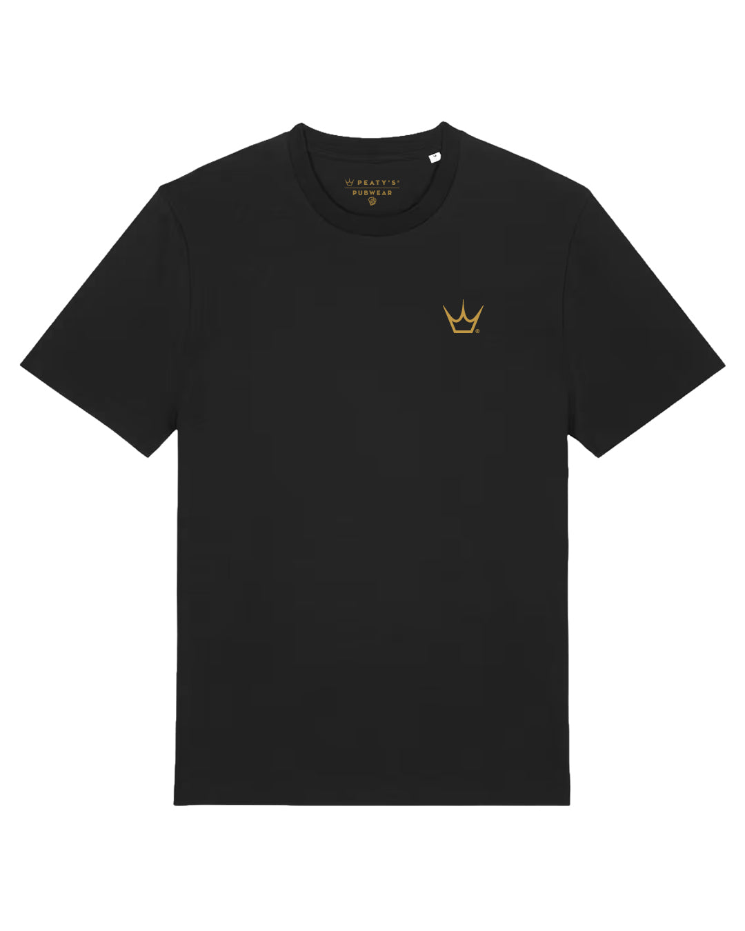 Black Peaty's Thirsty Work T-shirt, front studio view with small crown chest branding