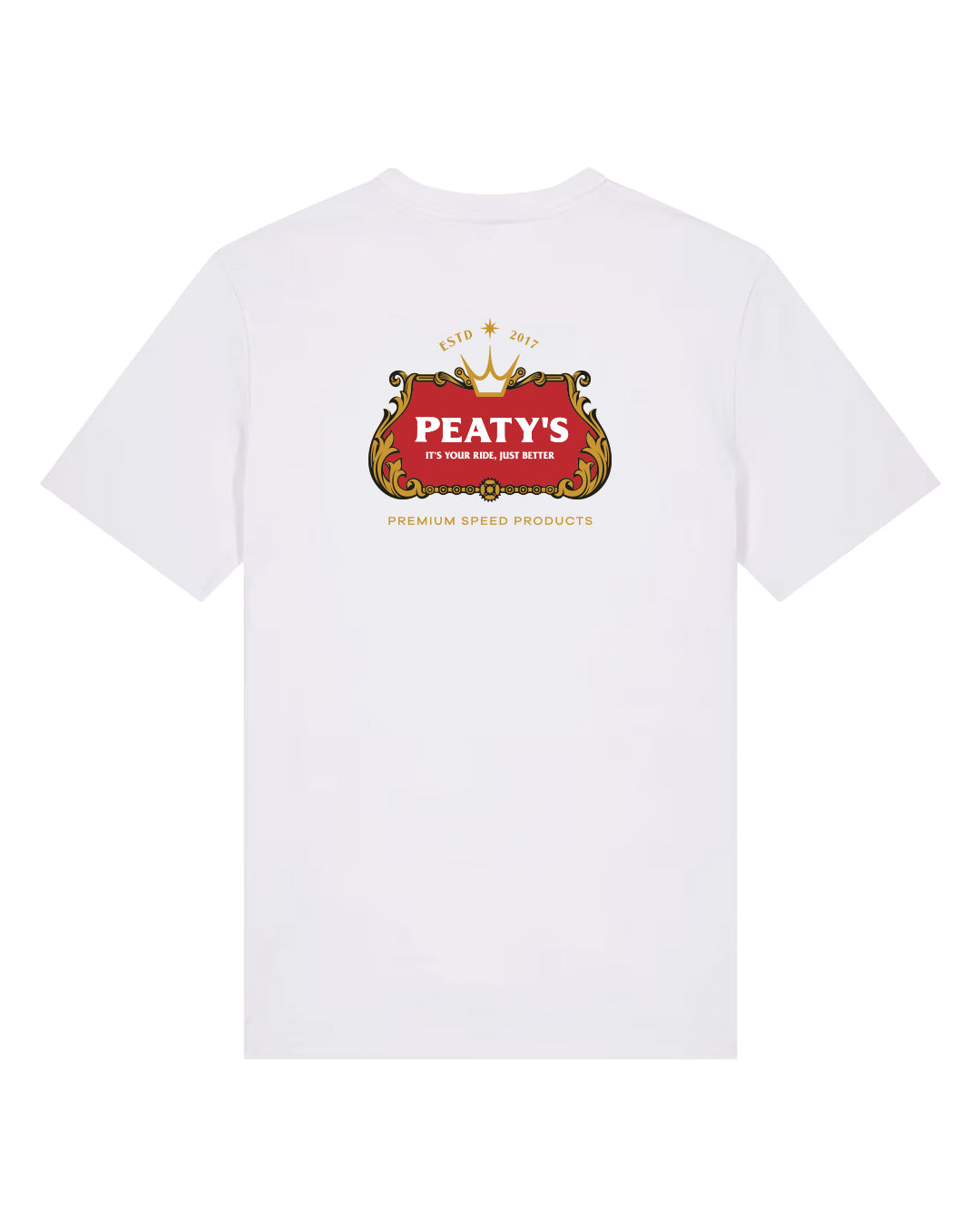 White Peaty's Thirsty Work T-shirt, back view showing the red and gold PubWear graphic