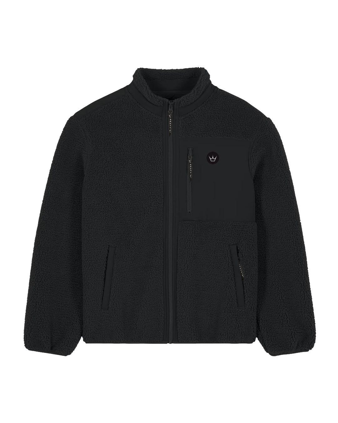 Black Peaty's Wharncliffe Fleece, front view showing crown chest branding and full-length zip