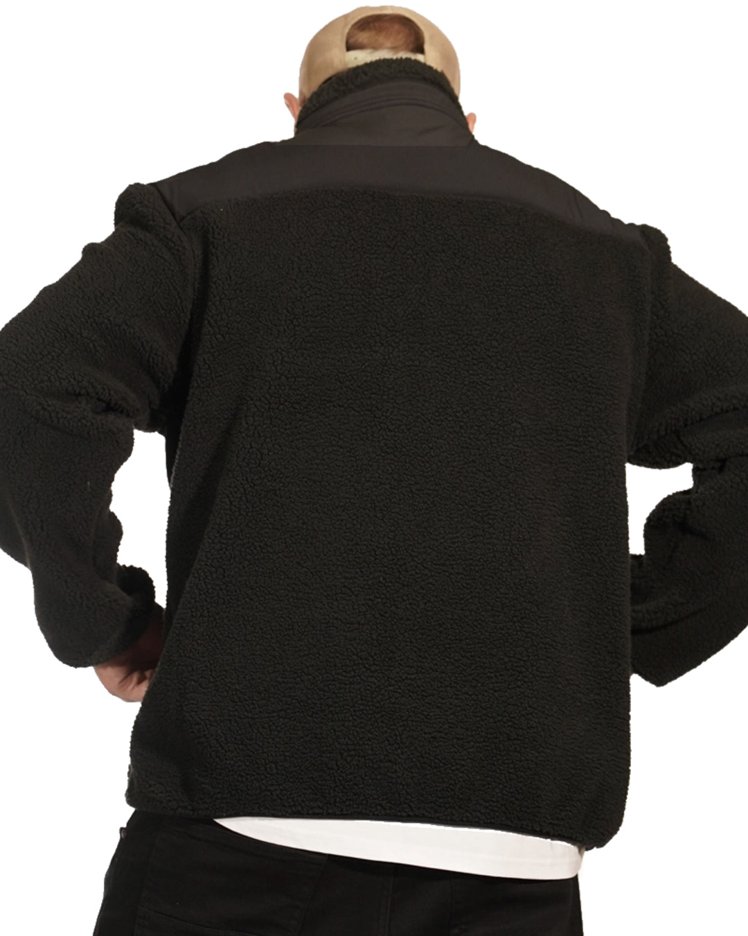 Steve wearing the black Peaty's Wharncliffe Fleece, rear view