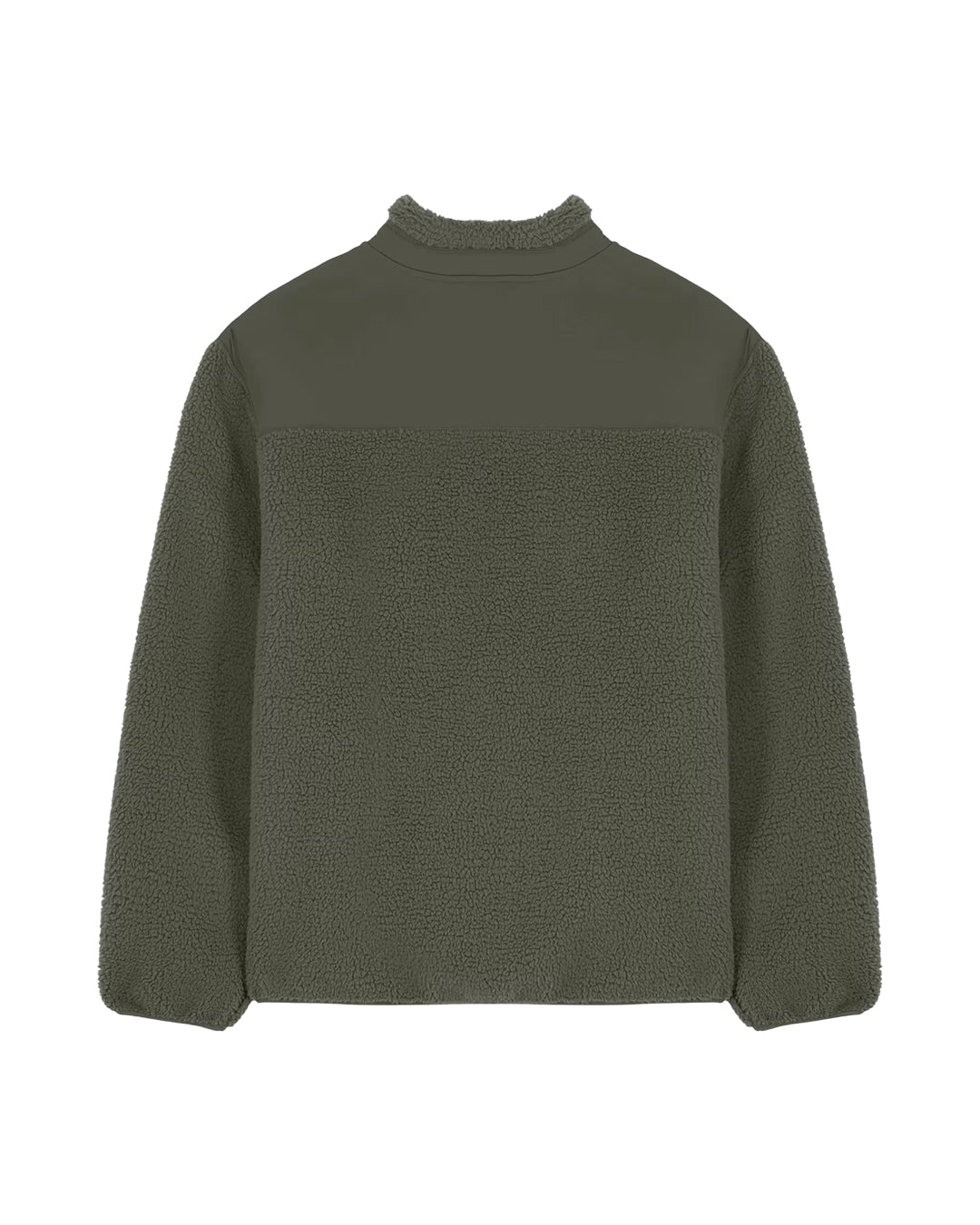Khaki Peaty's Wharncliffe Fleece, rear view showing sherpa fabric and shoulder panel