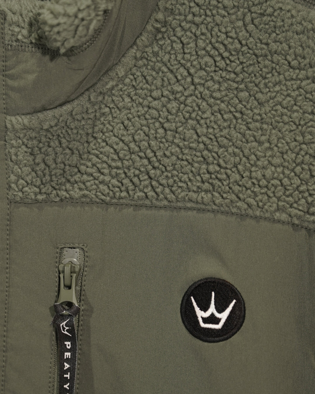 Khaki Wharncliffe Fleece detail showing textured sherpa fabric and contrasting pocket panel