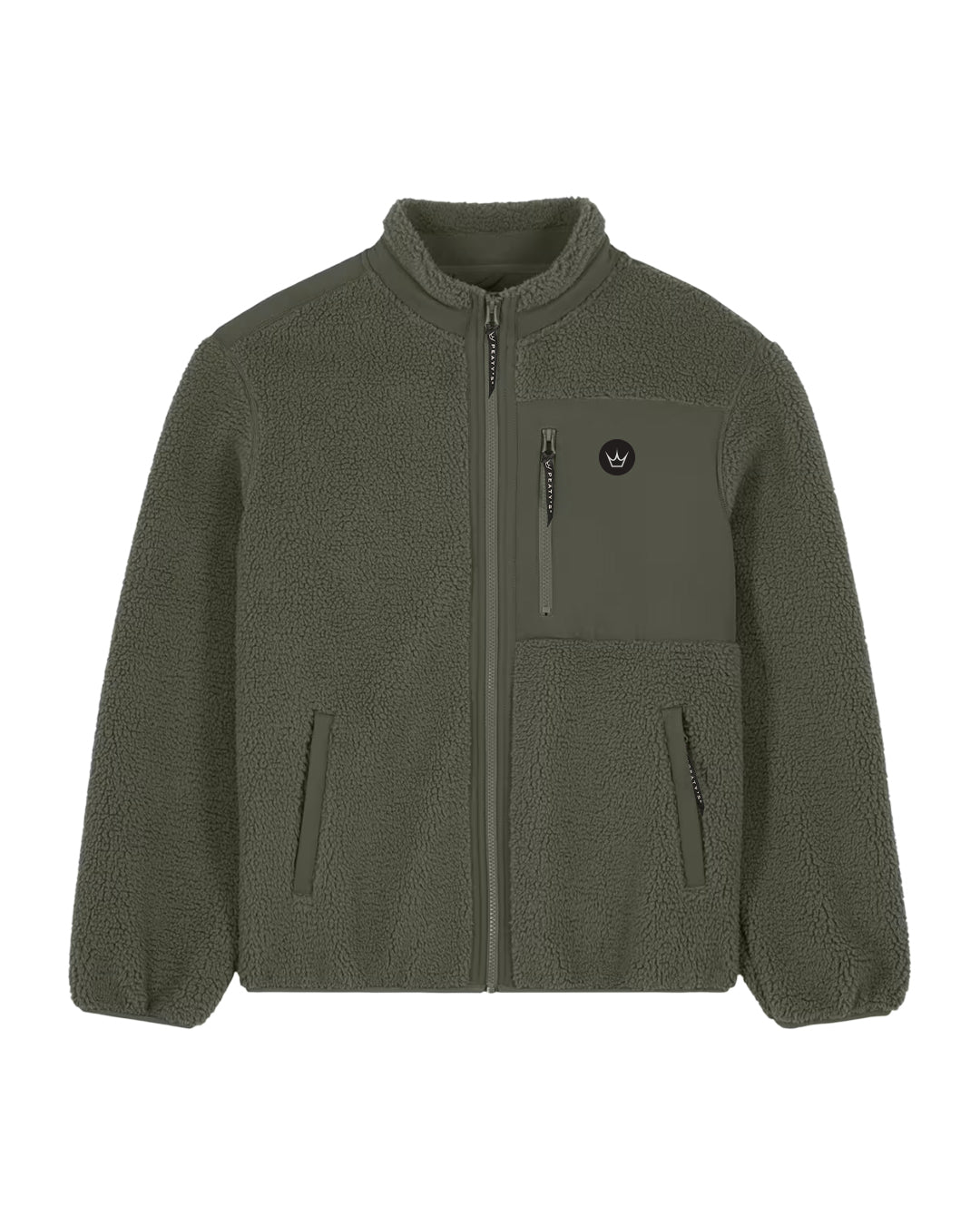 Khaki Peaty's Wharncliffe Fleece, front view showing stand-up collar and zipped pockets