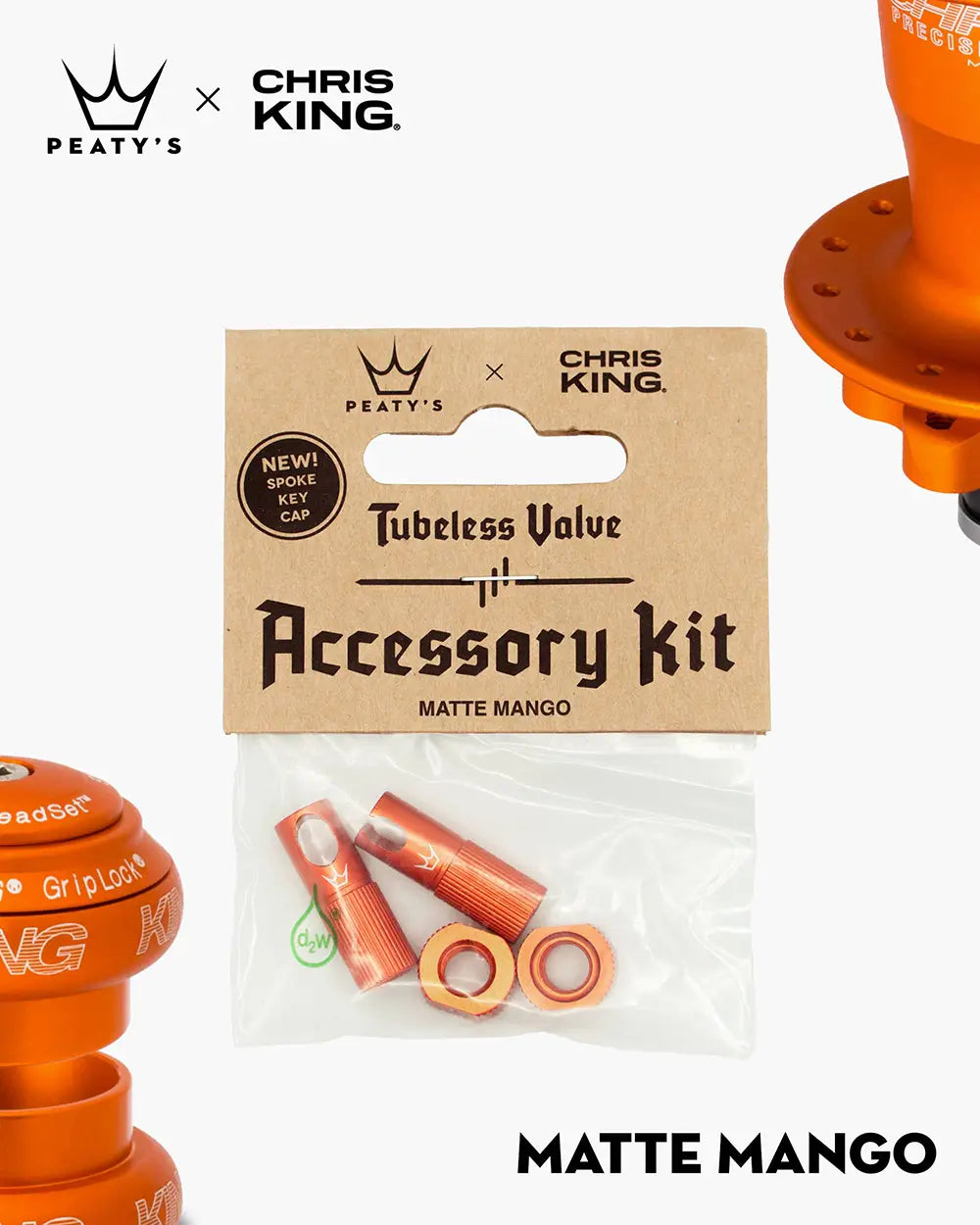 Peaty's Tubeless Valve accessory kit in matte mango