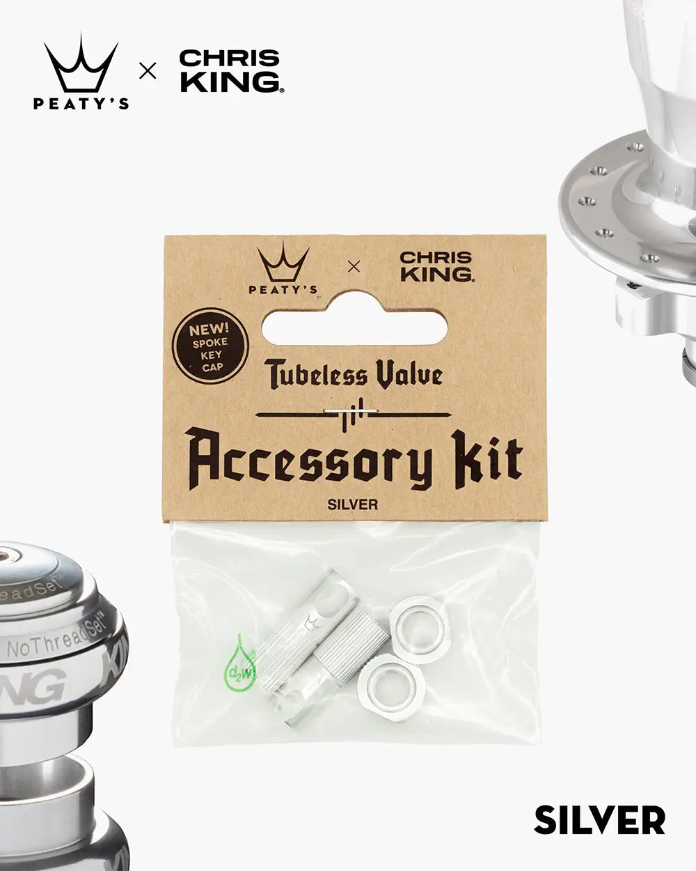 Peaty's Tubeless Valve accessory kit in silver