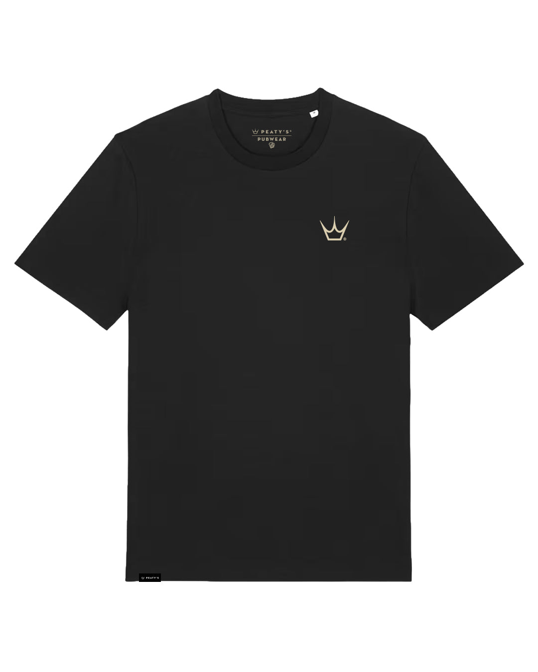 Peaty's Descend T-shirt in Black, front view with crown chest graphic