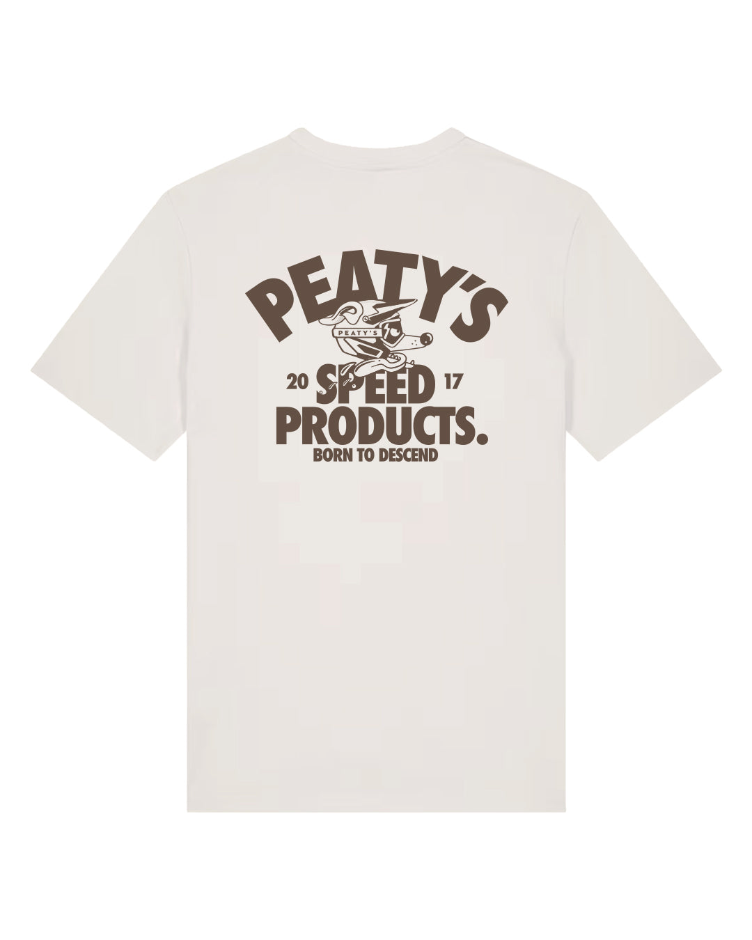 Peaty's Descend T-shirt in Vintage White, rear view showing the Peaty's printed back graphic