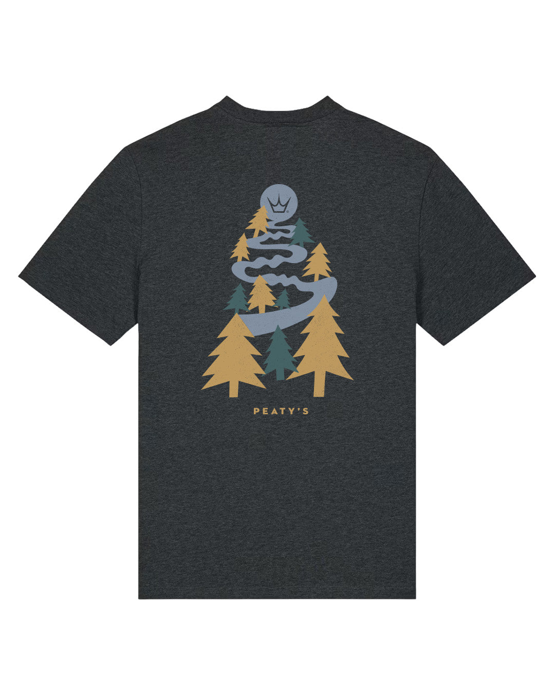 Dark Heather Grey Peaty's Dusk to Dawn T-shirt, back studio view with illustrated forest riding graphic