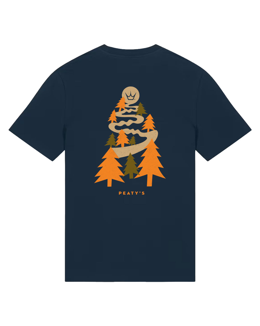 French Navy Peaty's Dusk to Dawn T-shirt, back studio view with colourful woodland riding illustration