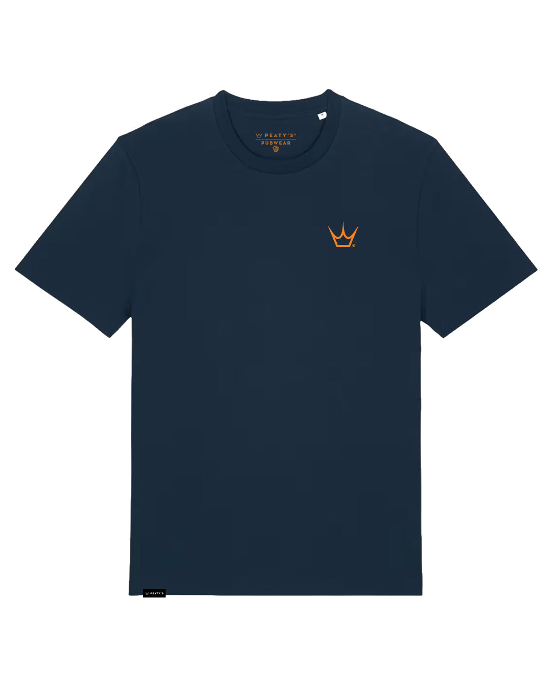 French Navy Peaty's Dusk to Dawn T-shirt, front studio view with small crown chest graphic