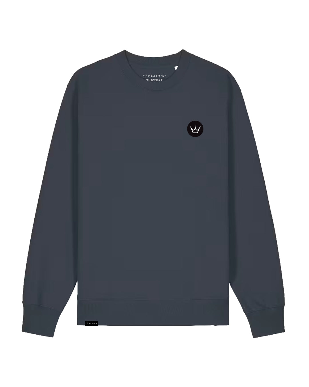 Peaty's Embroidered Crown Crew sweatshirt in India Ink, front studio view with embroidered crown chest emblem