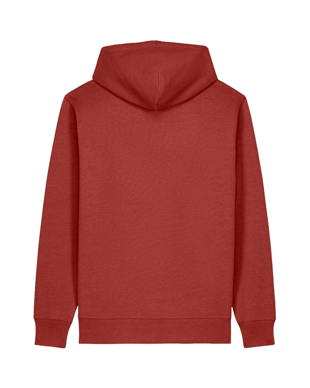 Peaty's Embroidered Crown Hoodie in Earthy Red, rear studio view showing the hood and plain back