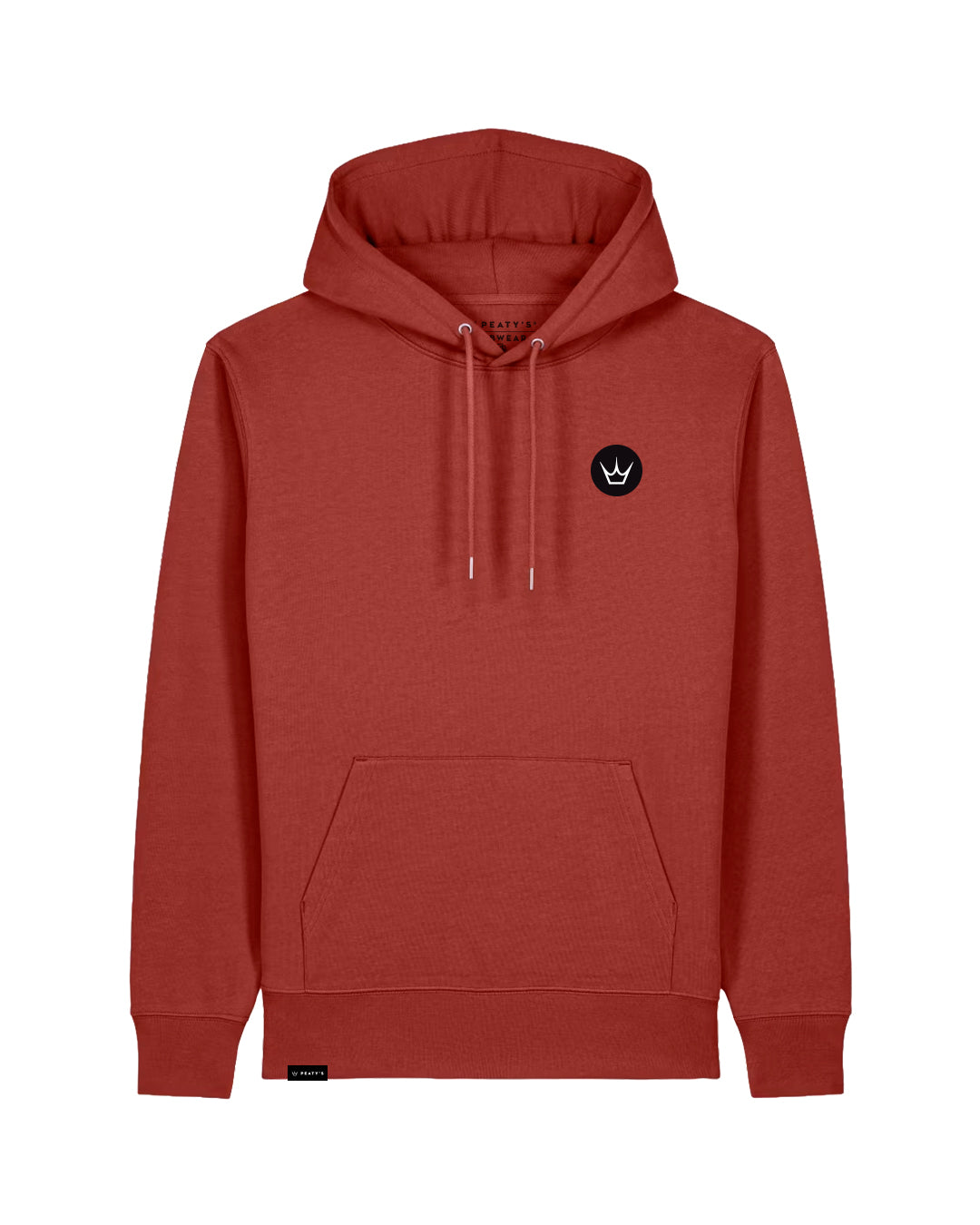 Peaty's Embroidered Crown Hoodie in Earthy Red, front studio view with embroidered Peaty's crown chest emblem