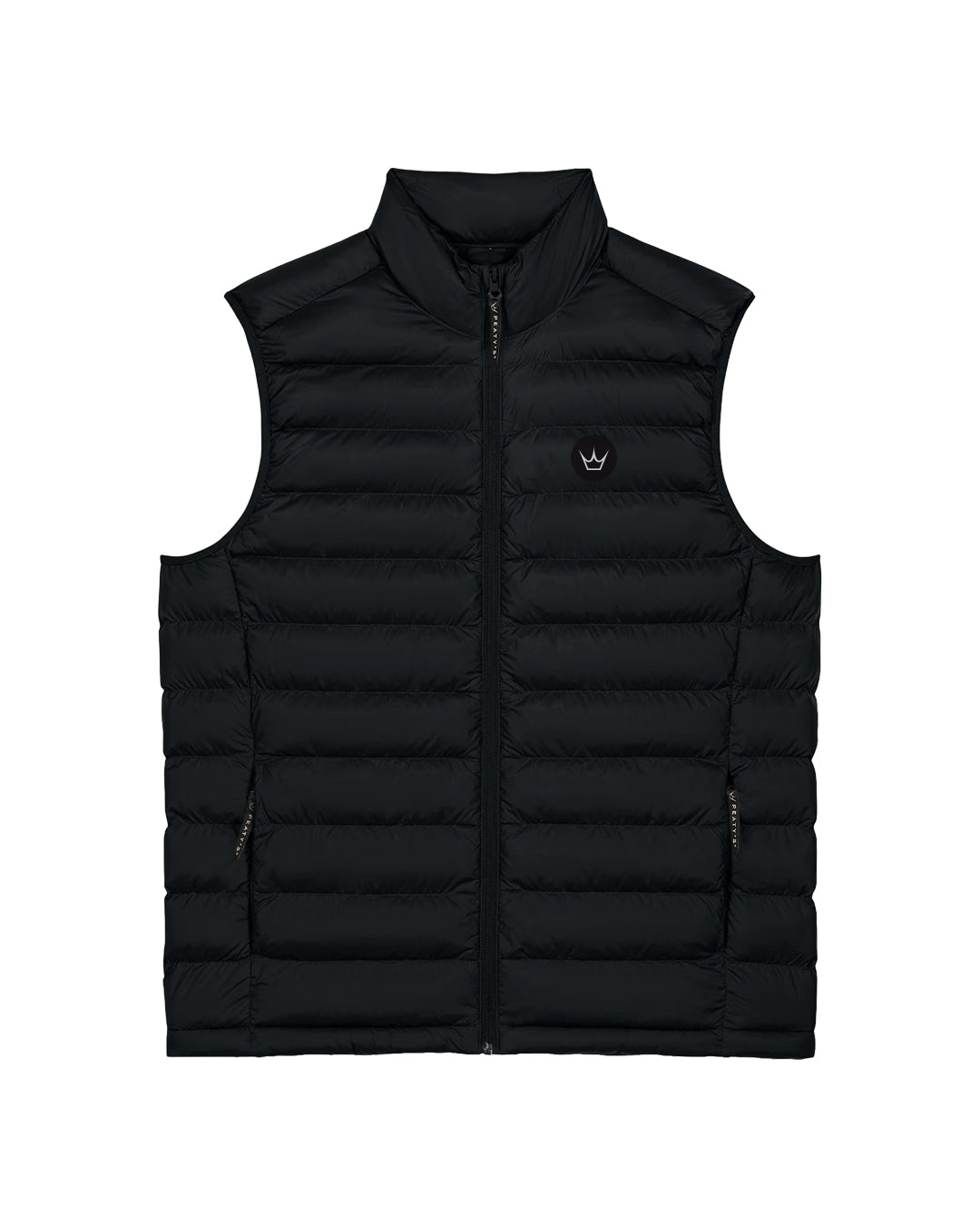 Peaty's Grenoside Gilet in black, front studio view showing stand-up collar, front zip and chest branding
