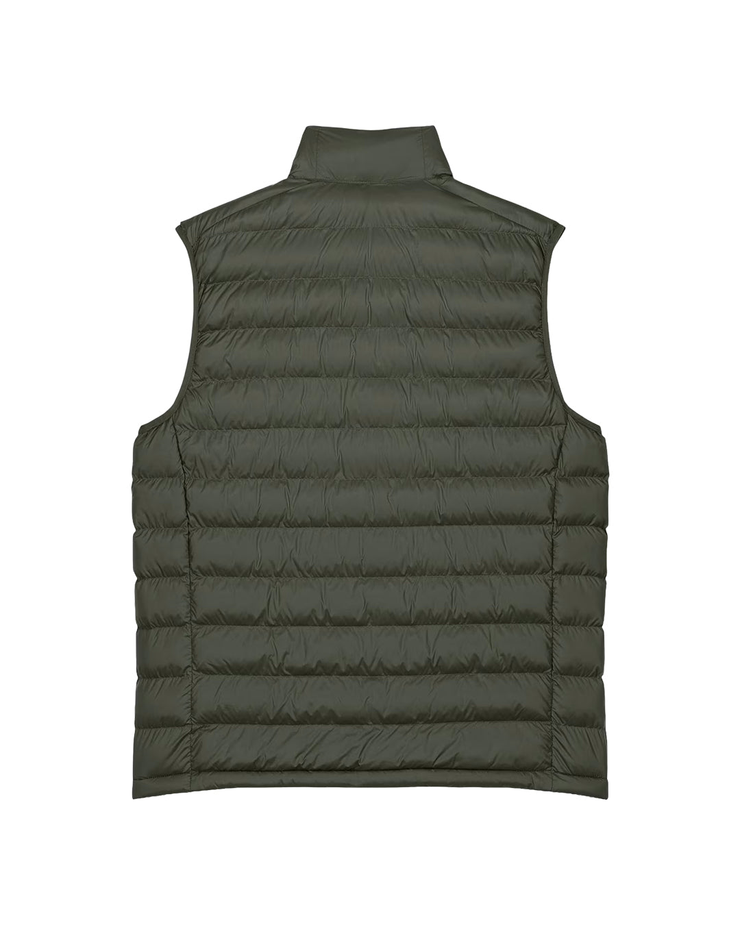 Khaki Peaty's Grenoside padded gilet, back studio view