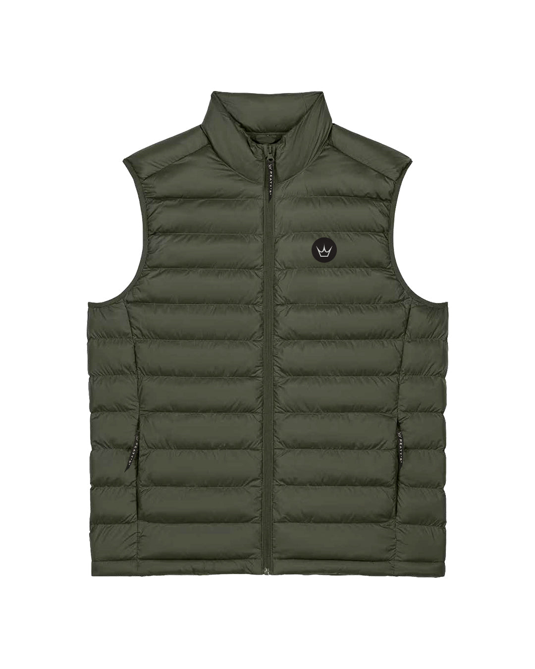 Peaty's Grenoside padded gilet in khaki, front studio view