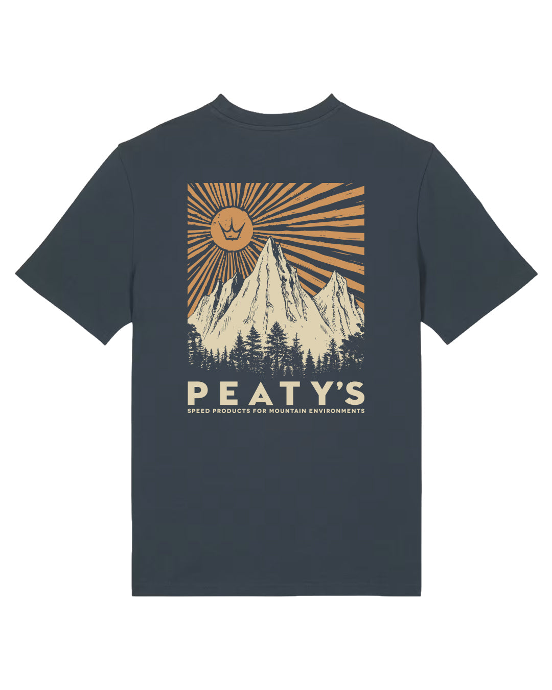 Peaty's Mountain T-shirt in dark navy (India Ink AW26 colour), rear view with sun and mountain graphic