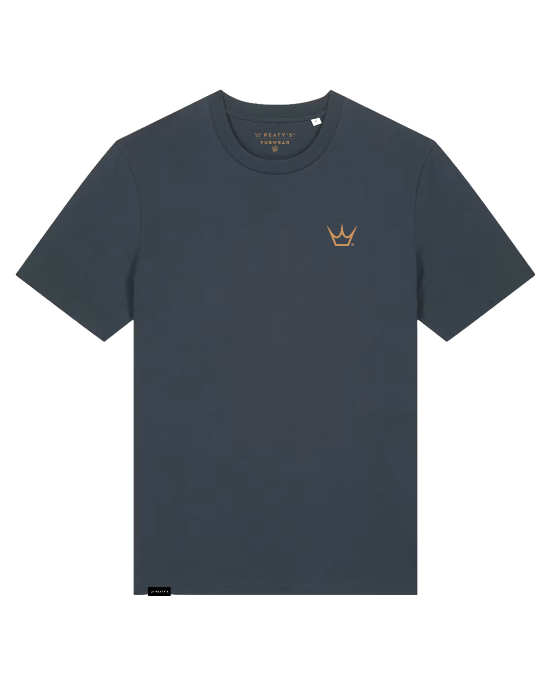 Peaty's Mountain T-shirt in dark navy (India Ink AW26 colour), front view with crown chest graphic
