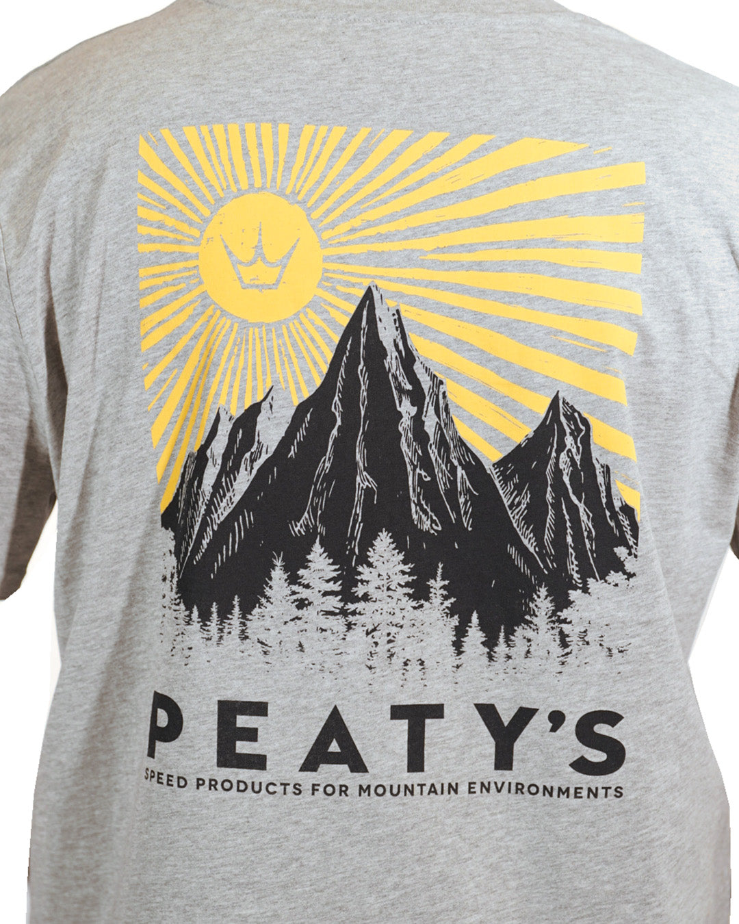 Close-up of the mountain and sun back print on Heather Grey Peaty's Mountain T-shirt