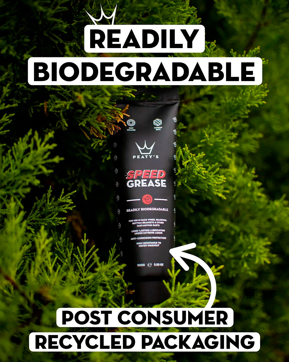 Peaty's Speed Grease is readily biodegradable with recycled packaging