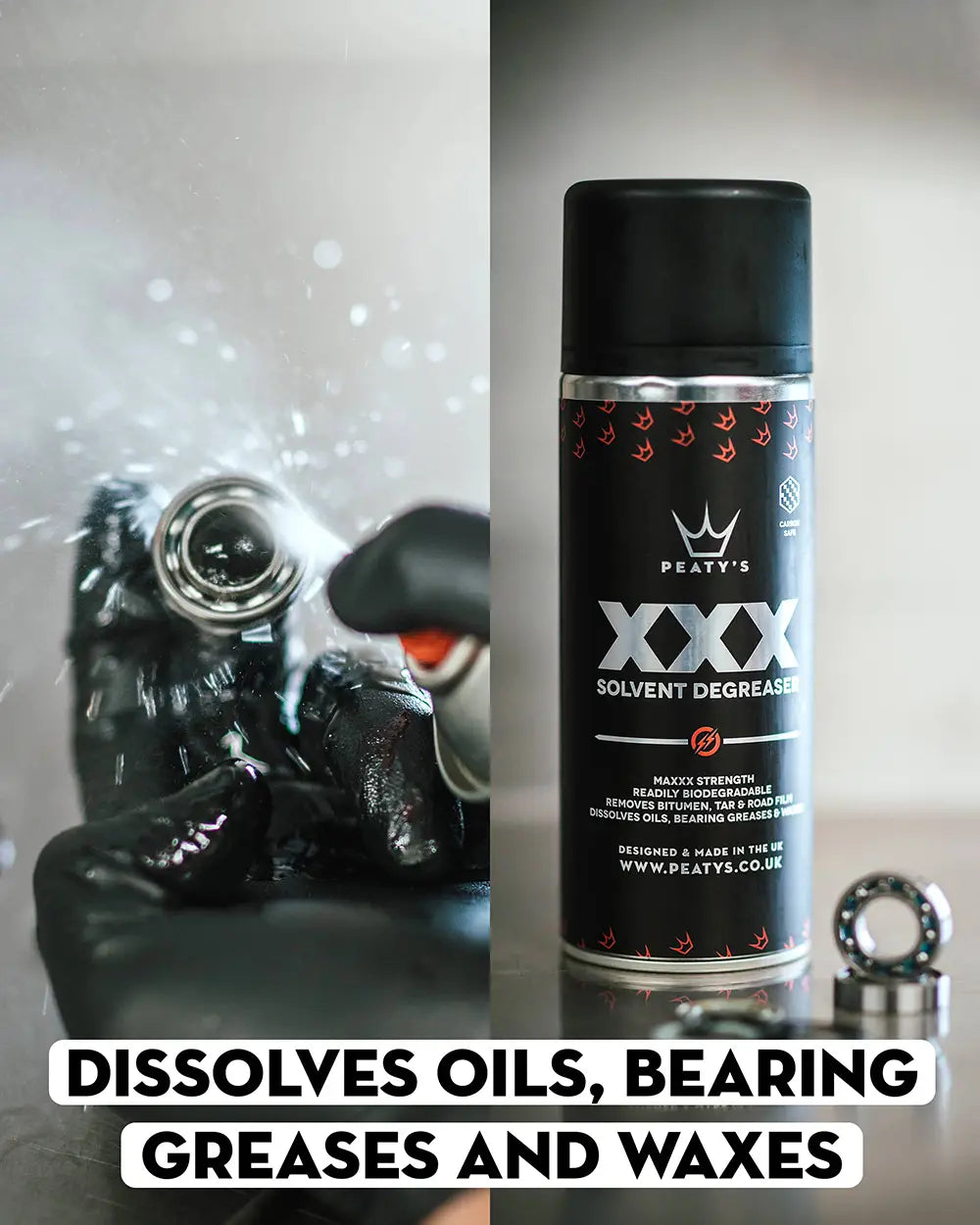 Peaty's XXX Degreaser dissolves oils, bearing greases and waxes